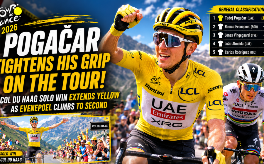 Tadej Pogacar wins solo at Col du Haag to extend his Tour de France 2026 yellow jersey lead while Remco Evenepoel climbs to second place in the general classification standings.