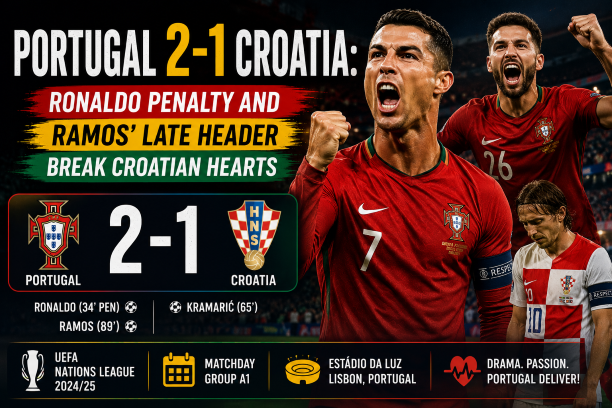 Portugal beat Croatia 2-1 in FIFA World Cup 2026 Round of 32 with Cristiano Ronaldo scoring a penalty and Goncalo Ramos heading in a late winner to break Croatian hearts.