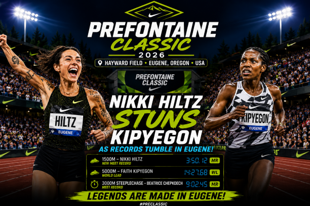 Nikki Hiltz stuns Faith Kipyegon as world records tumble at the Prefontaine Classic 2026 in Eugene Oregon in a historic night of athletics at Hayward Field.