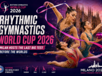 Rhythmic Gymnastics World Cup 2026 in Milan graphic previewing the last major international competition before the World Championships with top gymnasts competing in Italy.