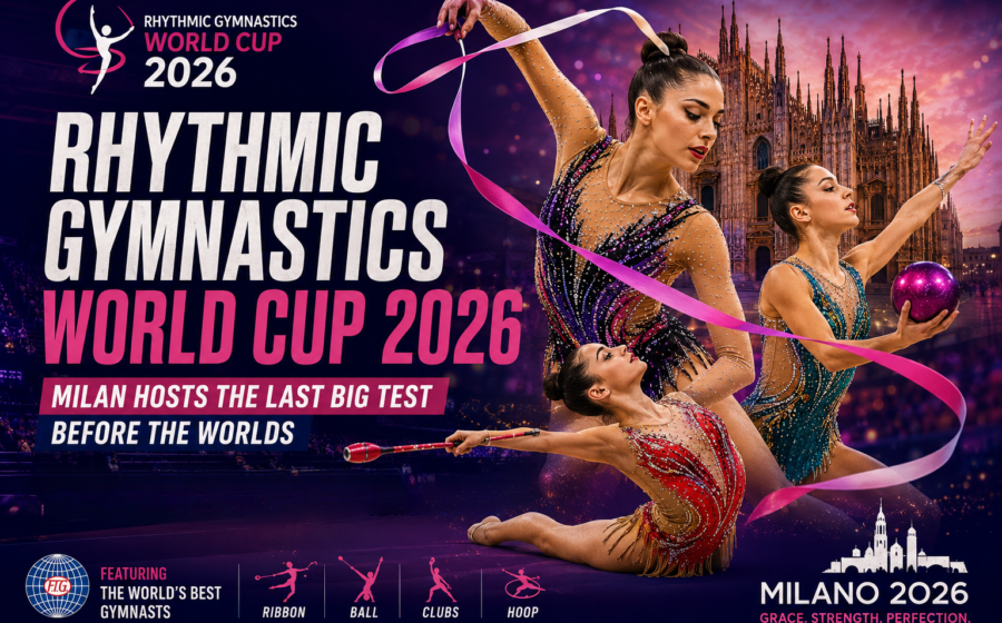 Rhythmic Gymnastics World Cup 2026 in Milan graphic previewing the last major international competition before the World Championships with top gymnasts competing in Italy.