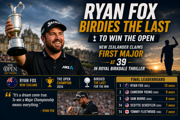 Ryan Fox birdies the last hole to win The Open Championship 2026 at Royal Birkdale claiming his first major title at the age of 39 in a dramatic and thrilling final round at the prestigious golf major.