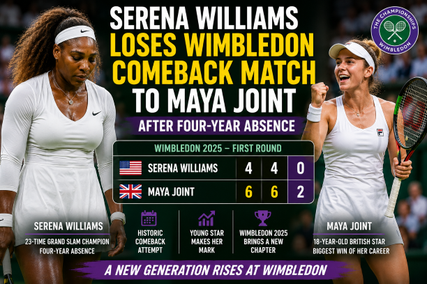 Serena Williams loses Wimbledon comeback match to Maya Joint after four year absence from professional tennis at Wimbledon 2026.