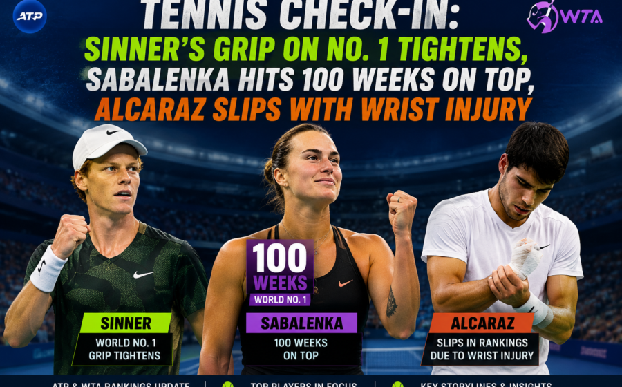 Tennis world rankings update with Jannik Sinner tightening his grip on world number one Aryna Sabalenka reaching 100 weeks at the top and Carlos Alcaraz slipping in rankings due to wrist injury 2026.