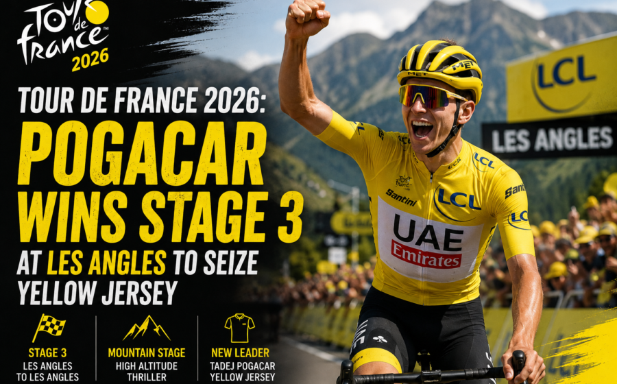 Tadej Pogacar wins Tour de France 2026 Stage 3 at Les Angles to seize the yellow jersey and take overall race lead in the 2026 Tour de France.