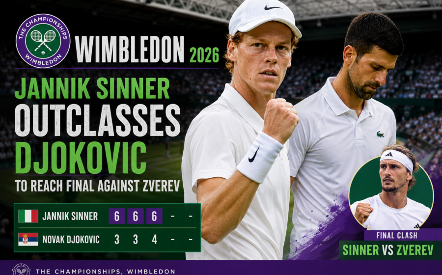 Jannik Sinner outclasses Novak Djokovic in Wimbledon 2026 semifinal to advance into the final against Alexander Zverev at the All England Club SW19.