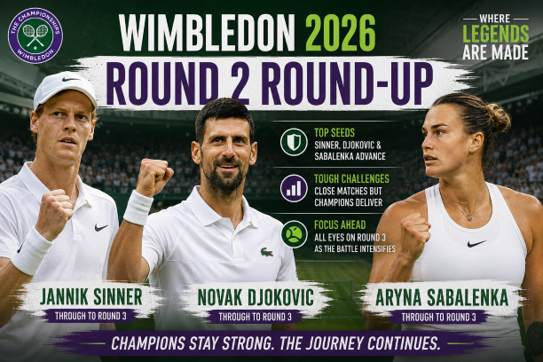 Wimbledon 2026 Round 2 roundup infographic featuring Jannik Sinner Novak Djokovic and Aryna Sabalenka all advancing to Round 3 at the All England Club.