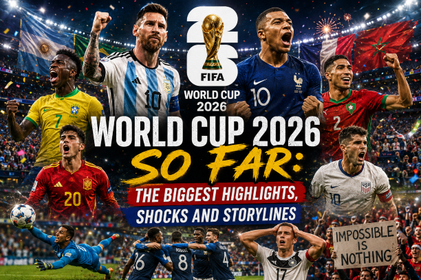 FIFA World Cup 2026 biggest highlights shocks and storylines roundup graphic covering all major results upsets and talking points from the tournament so far.