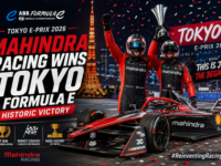 Nyck de Vries celebrating on the podium for Mahindra Racing at the Tokyo Formula E race.