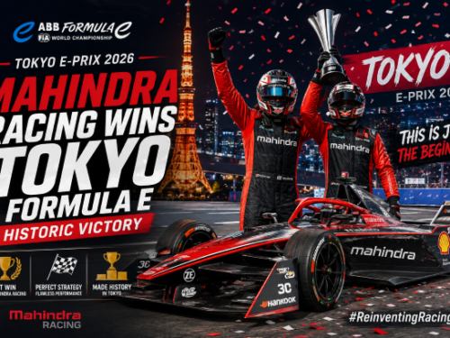 Nyck de Vries celebrating on the podium for Mahindra Racing at the Tokyo Formula E race.