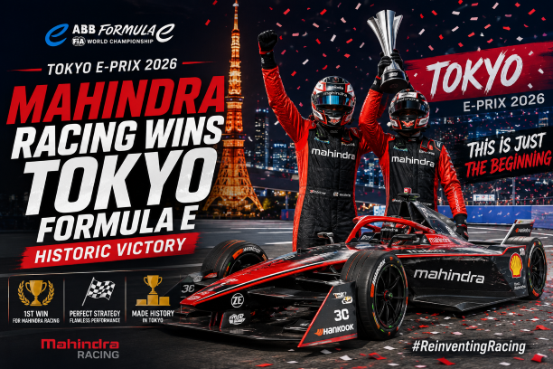 Nyck de Vries celebrating on the podium for Mahindra Racing at the Tokyo Formula E race.