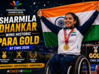 Indian para athlete Sharmila Dhankar celebrating her historic gold medal win in the shot put F57 event at Glasgow 2026.