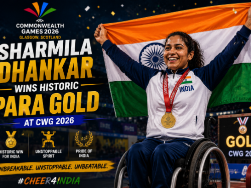Indian para athlete Sharmila Dhankar celebrating her historic gold medal win in the shot put F57 event at Glasgow 2026.
