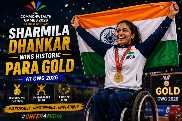 Indian para athlete Sharmila Dhankar celebrating her historic gold medal win in the shot put F57 event at Glasgow 2026.