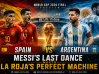 FIFA World Cup 2026 final preview graphic featuring Spain vs Argentina at MetLife Stadium New Jersey with Lionel Messi's last dance on the world stage going up against La Roja's perfect footballing machine.