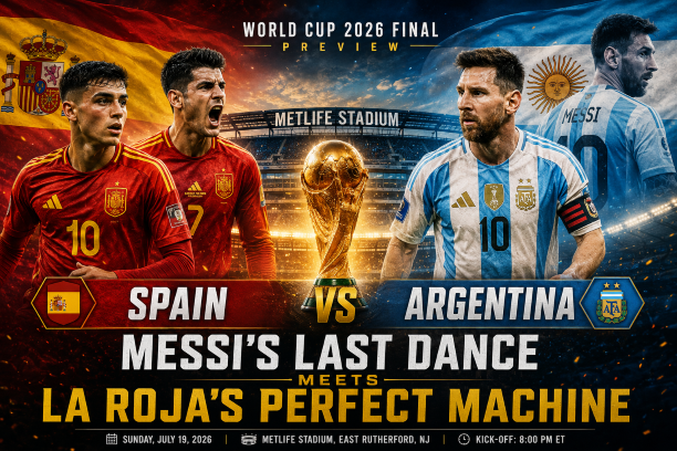 FIFA World Cup 2026 final preview graphic featuring Spain vs Argentina at MetLife Stadium New Jersey with Lionel Messi's last dance on the world stage going up against La Roja's perfect footballing machine.