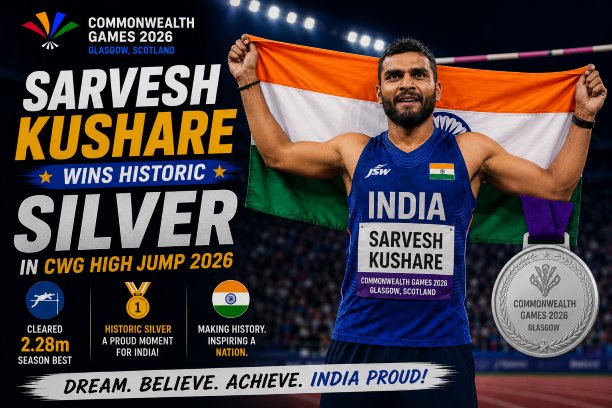 Indian high jumper Sarvesh Kushare celebrating his historic silver medal win at the Commonwealth Games 2026.