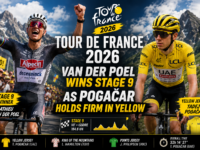 Mathieu van der Poel wins Tour de France 2026 Stage 9 while Tadej Pogacar holds firm in the yellow jersey to retain the overall race lead in the 2026 Tour de France.