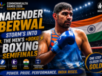 Indian heavyweight boxer Narender Berwal celebrating in the ring at the Commonwealth Games 2026.
