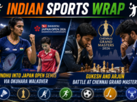 Indian sports wrap graphic covering PV Sindhu advancing into Japan Open semifinals via Okuhara walkover while Gukesh and Arjun Erigaisi battle it out at Chennai Grand Masters chess tournament 2026.
