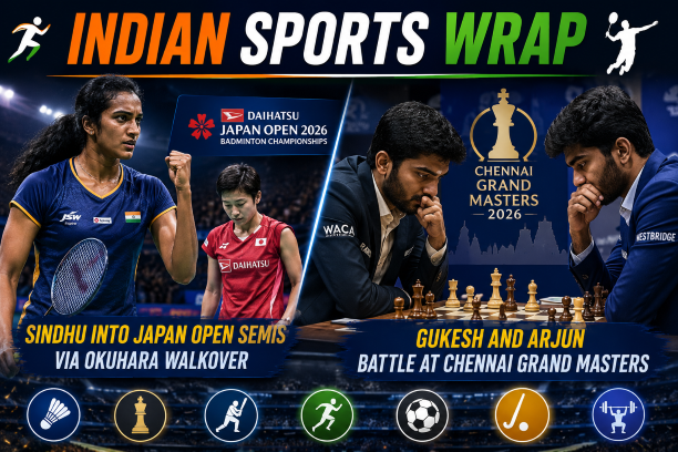 Indian sports wrap graphic covering PV Sindhu advancing into Japan Open semifinals via Okuhara walkover while Gukesh and Arjun Erigaisi battle it out at Chennai Grand Masters chess tournament 2026.