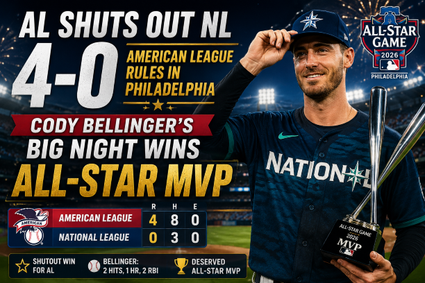 American League shuts out National League 4-0 in MLB All-Star Game 2026 in Philadelphia with Cody Bellinger winning the All-Star MVP award in a dominant AL performance at Citizens Bank Park.