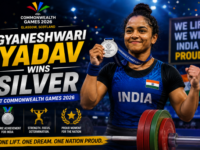 Indian weightlifter Gyaneshwari Yadav celebrating her silver medal win on the podium in Glasgow.