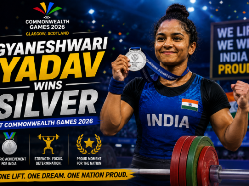 Indian weightlifter Gyaneshwari Yadav celebrating her silver medal win on the podium in Glasgow.
