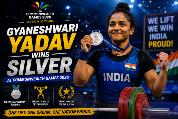 Indian weightlifter Gyaneshwari Yadav celebrating her silver medal win on the podium in Glasgow.