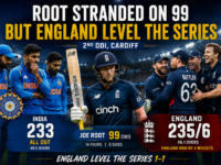 Joe Root stranded on 99 as England score 235/6 to beat India 233 all out in the 2nd ODI at Cardiff to level the ODI series with Root falling agonizingly short of a century in a thrilling match.