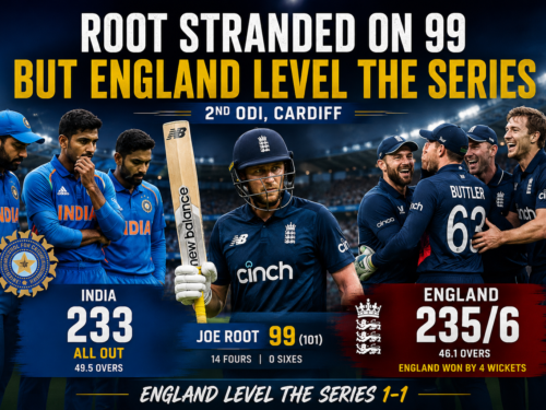 Joe Root stranded on 99 as England score 235/6 to beat India 233 all out in the 2nd ODI at Cardiff to level the ODI series with Root falling agonizingly short of a century in a thrilling match.