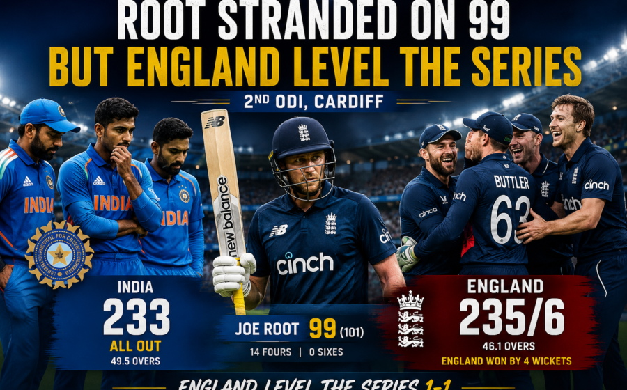 Joe Root stranded on 99 as England score 235/6 to beat India 233 all out in the 2nd ODI at Cardiff to level the ODI series with Root falling agonizingly short of a century in a thrilling match.