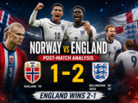Norway vs England post-match analysis featuring England's 2-1 victory with key moments, tactical breakdown, player ratings, and FIFA football match highlights.