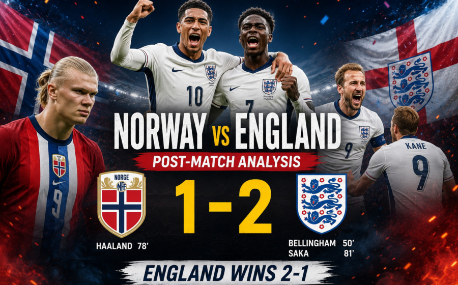 Norway vs England post-match analysis featuring England's 2-1 victory with key moments, tactical breakdown, player ratings, and FIFA football match highlights.