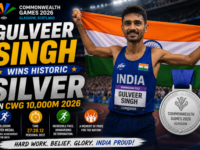 Indian long-distance runner Gulveer Singh celebrating his historic silver medal win at the Commonwealth Games 2026.