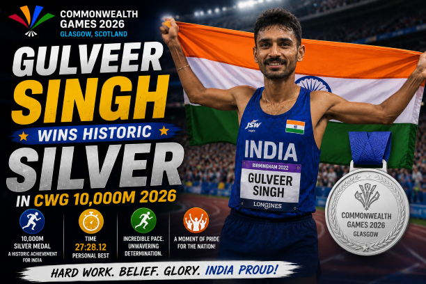 Indian long-distance runner Gulveer Singh celebrating his historic silver medal win at the Commonwealth Games 2026.