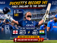 Ben Duckett scores a record breaking 141 as England post 387/3 to beat India 360/7 at Lord's and win the ODI series 2-1 in a high scoring thriller at the Home of Cricket 2026.