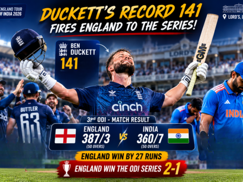 Ben Duckett scores a record breaking 141 as England post 387/3 to beat India 360/7 at Lord's and win the ODI series 2-1 in a high scoring thriller at the Home of Cricket 2026.