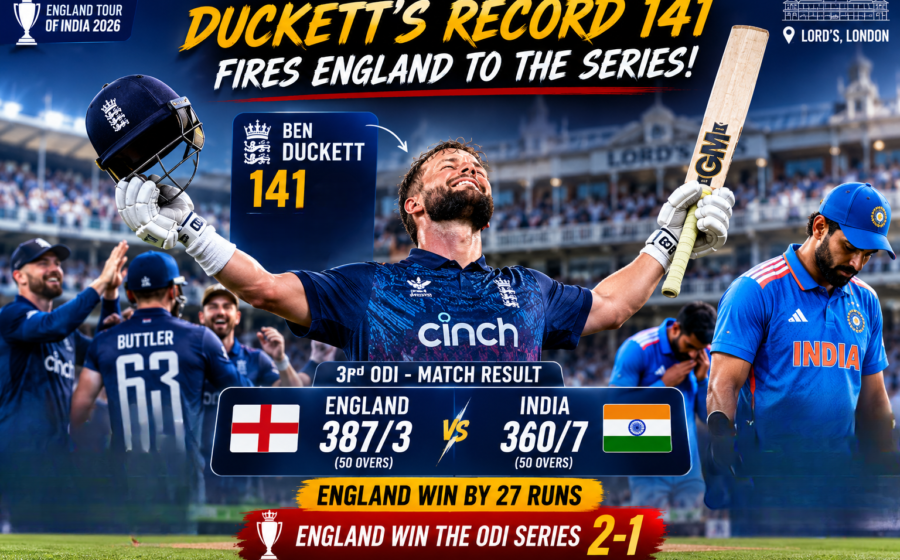 Ben Duckett scores a record breaking 141 as England post 387/3 to beat India 360/7 at Lord's and win the ODI series 2-1 in a high scoring thriller at the Home of Cricket 2026.