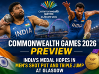Commonwealth Games 2026 preview graphic featuring India's medal hopes in men's shot put and triple jump events at Glasgow with top Indian athletes competing for medals at the games.
