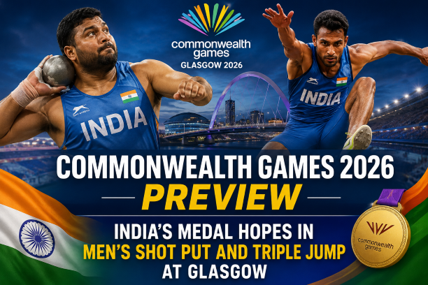 Commonwealth Games 2026 preview graphic featuring India's medal hopes in men's shot put and triple jump events at Glasgow with top Indian athletes competing for medals at the games.