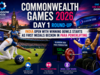 Commonwealth Games 2026 Day 1 roundup graphic featuring India opening with winning bowls performances and first medals beckoning in para powerlifting at the Glasgow 2026 multi-sport games in Scotland.