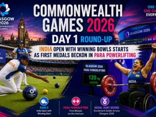 Commonwealth Games 2026 Day 1 roundup graphic featuring India opening with winning bowls performances and first medals beckoning in para powerlifting at the Glasgow 2026 multi-sport games in Scotland.