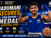 Indian boxer Jadumani Singh celebrating his quarterfinal victory at the Commonwealth Games 2026.