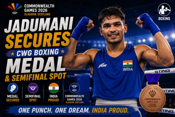 Indian boxer Jadumani Singh celebrating his quarterfinal victory at the Commonwealth Games 2026.