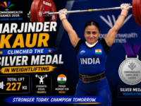 Indian weightlifter Harjinder Kaur celebrating her silver medal win at the Commonwealth Games 2026.