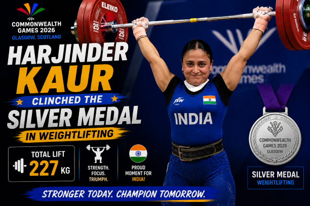Indian weightlifter Harjinder Kaur celebrating her silver medal win at the Commonwealth Games 2026.
