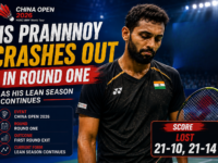 HS Prannoy crashes out in round one of China Open Badminton 2026 as his lean season continues with another early exit from the prestigious BWF Super 1000 tournament in China.