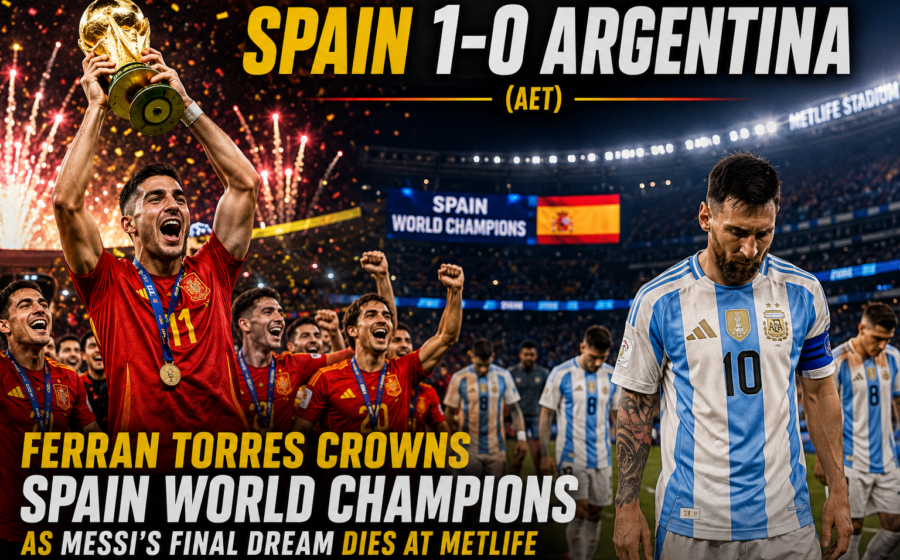 Spain beat Argentina 1-0 after extra time in FIFA World Cup 2026 final at MetLife Stadium New Jersey with Ferran Torres scoring the decisive extra time winner to crown Spain as World Champions while Lionel Messi's final World Cup dream ends in heartbreak.