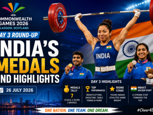 Commonwealth Games 2026 Day 3 roundup graphic covering all of India's medals and highlights from July 26 at the Glasgow 2026 multi-sport games in Scotland.